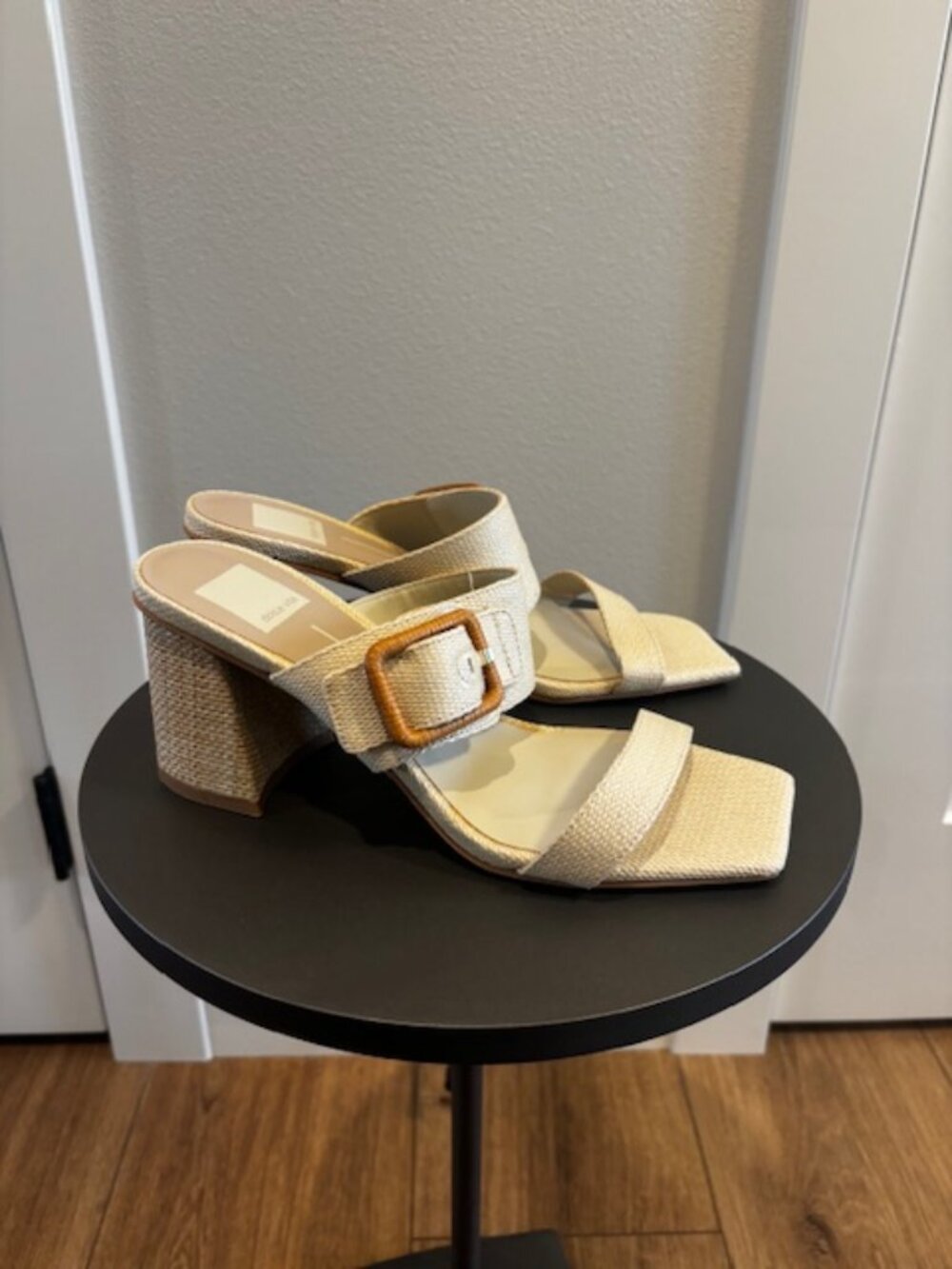 Dolce Vita Posy Raffia Slip On Squared Toe Buckle Detailed Heeled Sandals